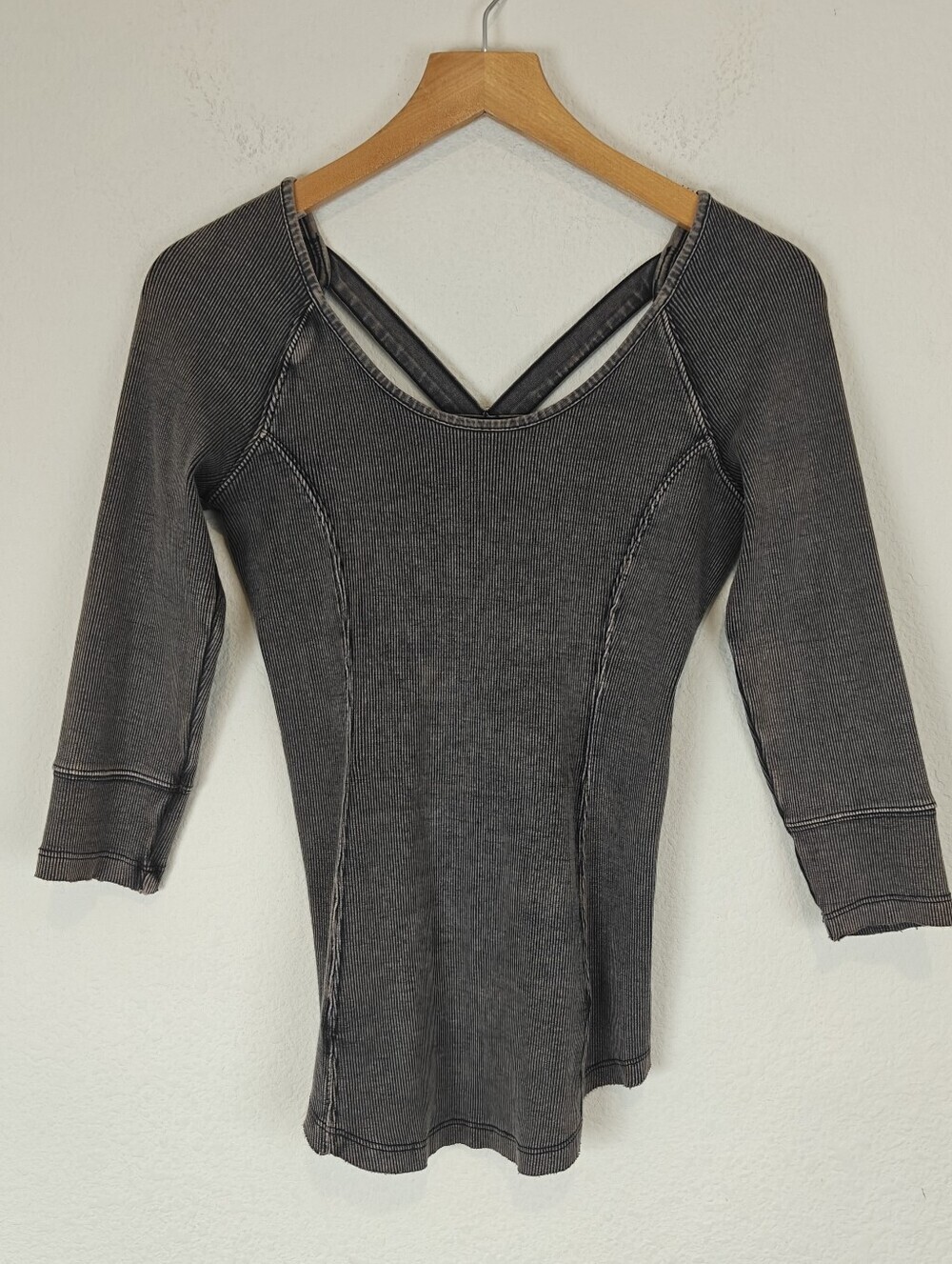 Free People Star Crossed Ribbed Tee Gray 3/4 Sleeve Casual Boho Top